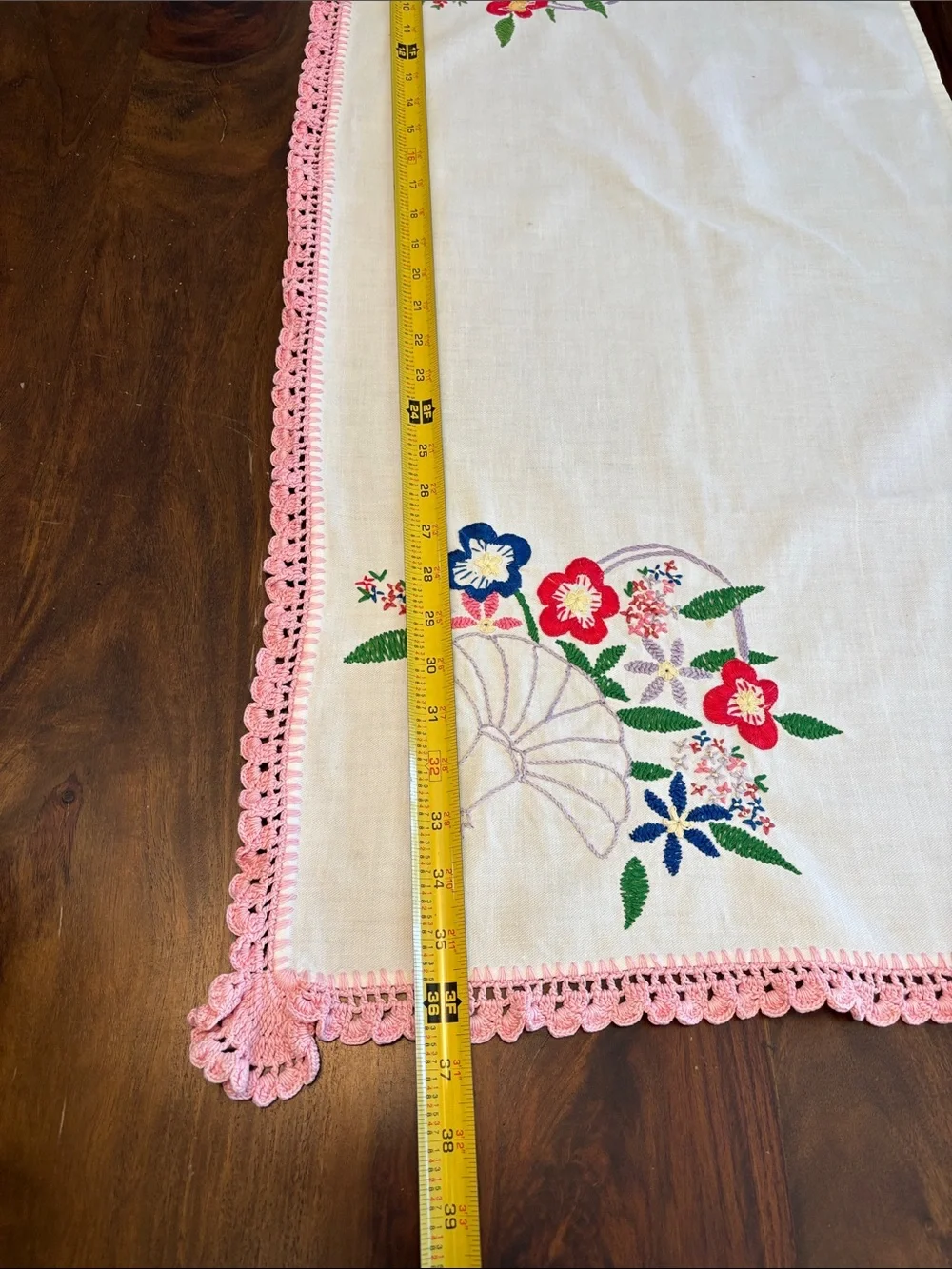 Embroidered Floral Linen Runner with Pink Crochet Trim- Fabulous!